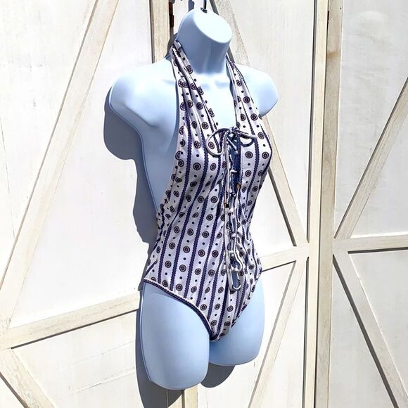 Orion Deep V Lace Up Front One Piece Swim Suit In White Navy Multi - Picture 3 of 13